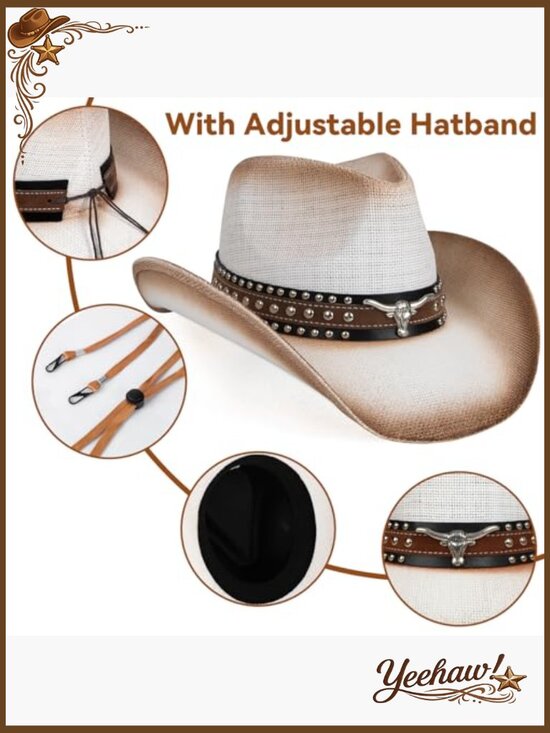Straw Cowboy Hat Adjustable Brim Sun Protection UPF 30 Western Style main image 7